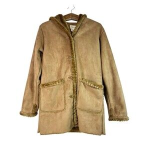 St. John's Bay Faux Suede Shearling Hooded Toggle Coat Small Camel Brown Y2K